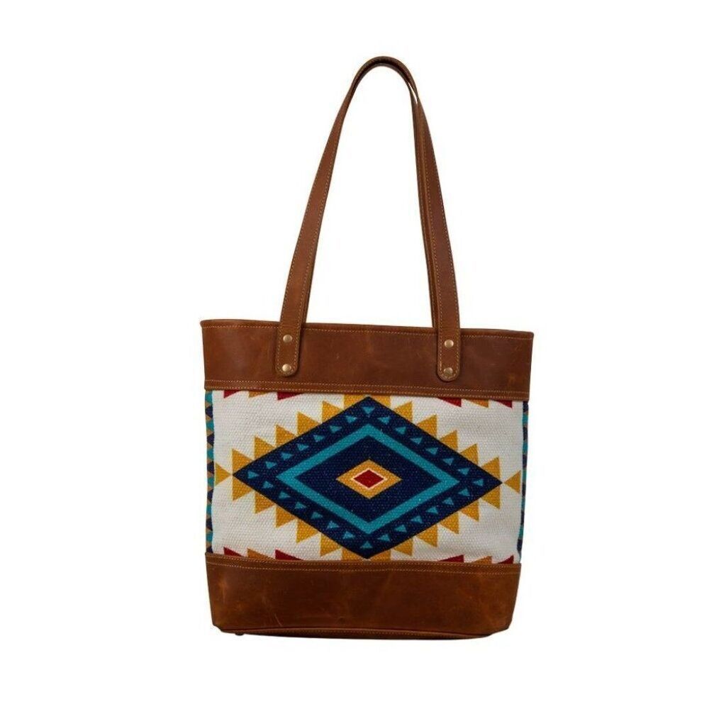 Myra Bag Handmade Sky Tote Bag Upcycled Canvas & Cowhide Leather